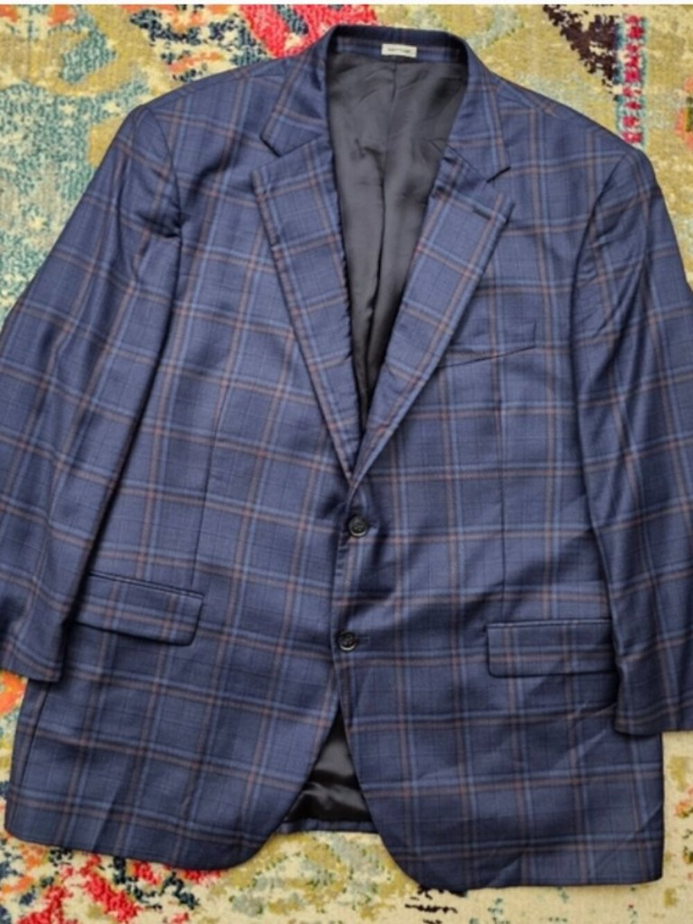 Peter Millar Wool Blazer Sport Coat 48 R Dual Vent Blue Plaid Windowpane